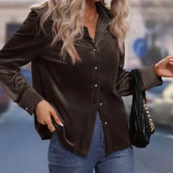 New Luxe Burgundy Velvet ButtonâDownâOversizedâShirtâTop - Picture 9 of 16